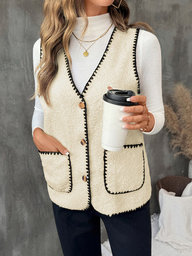 women's office vest, Cozy sherpa vest for women with black trim detailing, layering vest women style perfect as casual layering vest, brunch outfit vest, or fall work vest outfit in business casual looks, affordable sherpa vest under $100.