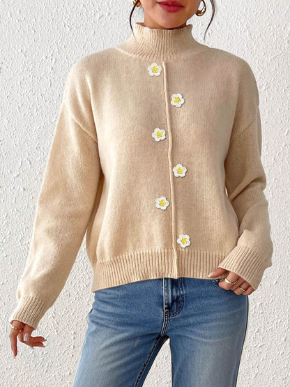 women's cute jumper, cozy plush winter crewneck sweatshirt, Women’s high-neck fall sweater in beige wool blend with daisy button detailing, chic quiet luxury knit for office outfits, capsule wardrobe essential for winter layering.