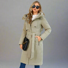 Load image into Gallery viewer, womens down jacket, parka for women, duck down coat, parka coat, belted coat, duck down jacket womens,  womens down coats and jackets duck down jacket, hooded parka jacket, hooded down jacket, down coat, winter coats women, long line coat, womens dressy winter coats, womens outdoor coat, womens long parka coat.