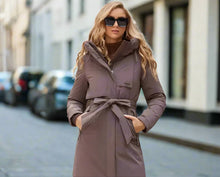 Load image into Gallery viewer, womens down jacket, parka for women, duck down coat, parka coat, belted coat, duck down jacket womens,  womens down coats and jackets duck down jacket, hooded parka jacket, hooded down jacket, down coat, winter coats women, long line coat, womens dressy winter coats, womens outdoor coat, womens long parka coat.