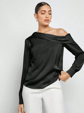 Load image into Gallery viewer, Black one-shoulder top women, satin blouse women, work to evening blouse women, date night top women satin, fall party blouse satin, holiday event blouse satin.