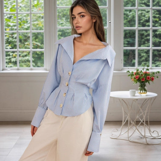 peplum shirt, tailored shirt women, Blue white pinstripe shirt women with puff sleeve volume and oversized collar, cinched waist puff sleeve shirt perfect as business casual pinstripe blouse for work blouse women outfits, oversized collar peplum shirt, business casual pinstripe blouse.