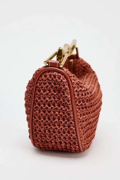 Serena Sculpted Handle Woven Straw Bucket Bag – Terracotta Shoulder Bag, Raffia Tote | Half moon straw sling bag