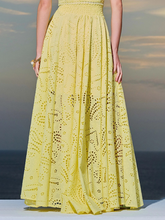 Load image into Gallery viewer, yellow eyelet dress, maxi skirt and crop top set, co-ord sets for women, summer skirt and top set, eyelet lace outfit, sleeveless crop top outfit, two piece dress, yellow co-ord set, resortwear co-ord.