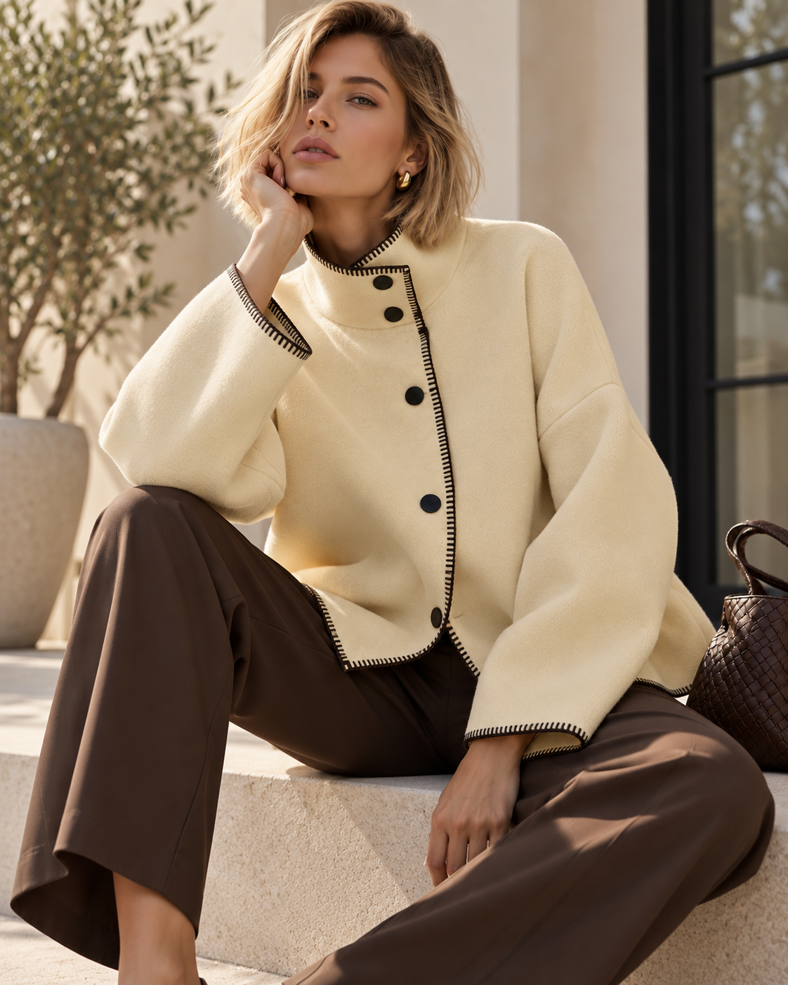 yellow jacket women, yellow funnel neck jacket women, relaxed boxy fit with a high stand collar, black buttons and contrasting blanket stitching, positioned for classy fall outfits women, statement outerwear and contemporary weekend outfit women styling.