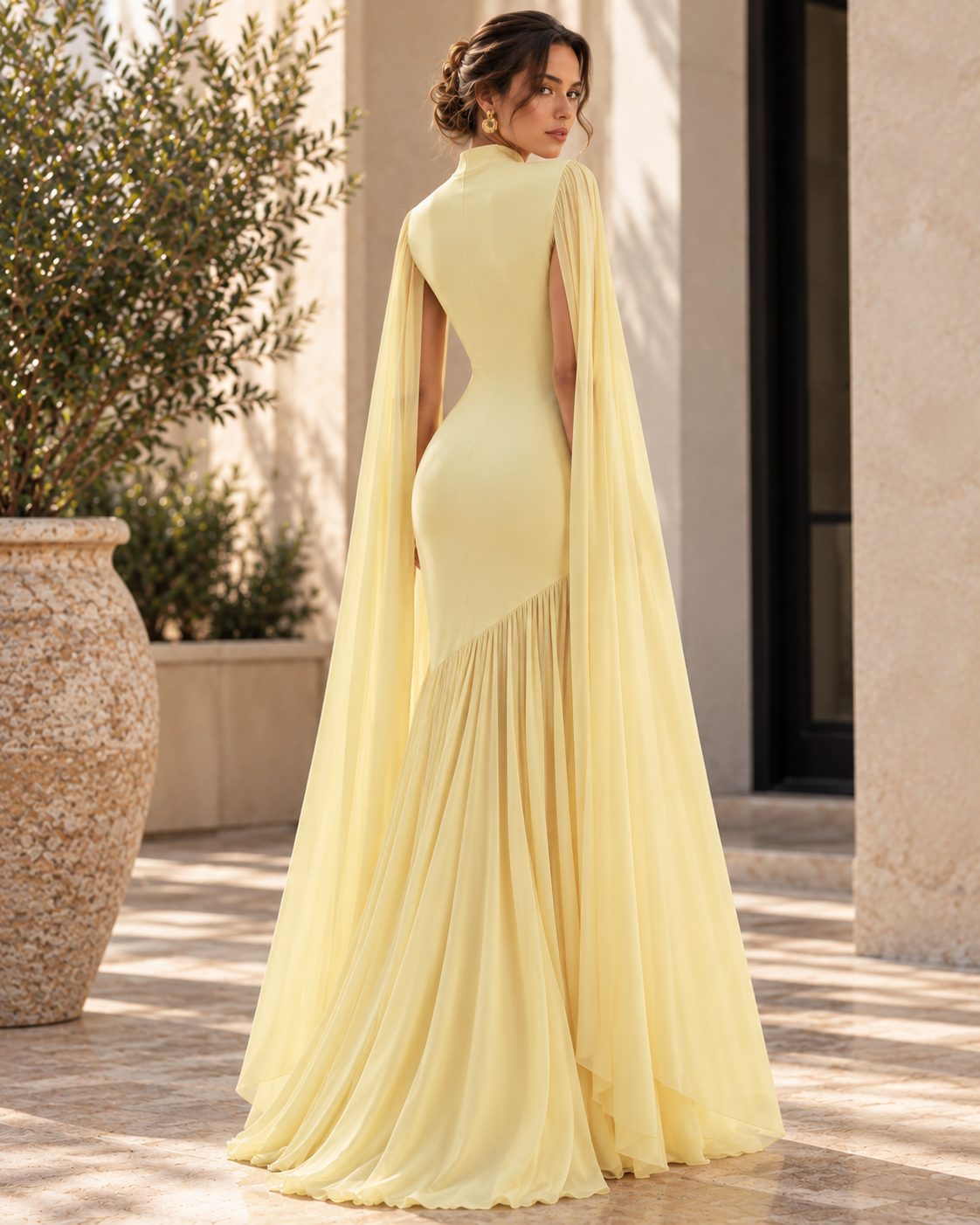 Asymmetrical Draped cape sleeve gown, Women’s yellow high neck evening gown with cape sleeves, fitted waist and flowing floor-length skirt, featuring an asymmetrical pleated drape for a sophisticated formal dress suitable for weddings and galas.