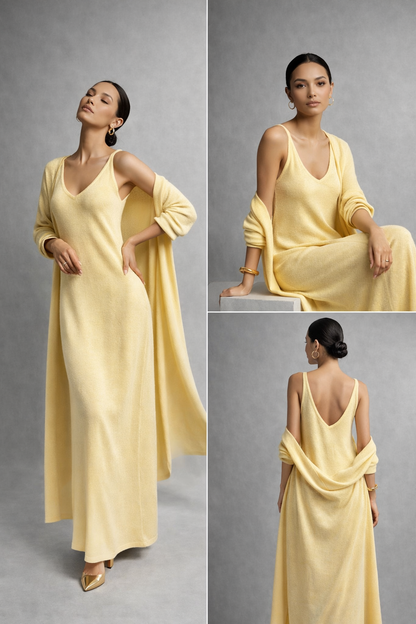 yellow knit maxi co-ord set, two piece maxi dress, longline cardigan outfit set, outfit set women, business casual knit dress, knit maxi dress and cardigan set, quiet luxury knit maxi, Knit dress set with long cardigan layering in premium knit fabric, sleeveless maxi dress structure and classy casual maxi styling, comfy knit maxi dress set for work-appropriate knit maxi set.