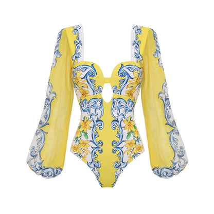 Capri Boho Print One Piece Swimsuit With Skirt Cover Up Set-Women Resort Wear Beach Outfit