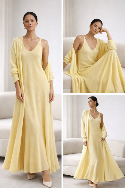 two piece knit maxi dress, outfit set women, sleeveless maxi dress, knit dress set, coffee brown Knit maxi dress and long cardigan co-ord set in soft knit fabric with straight silhouette, quiet luxury outfit and outfit set women styling, knit maxi dress and cardigan set for business casual knit set, Instagram worthy knit co-ord, classy casual maxi.