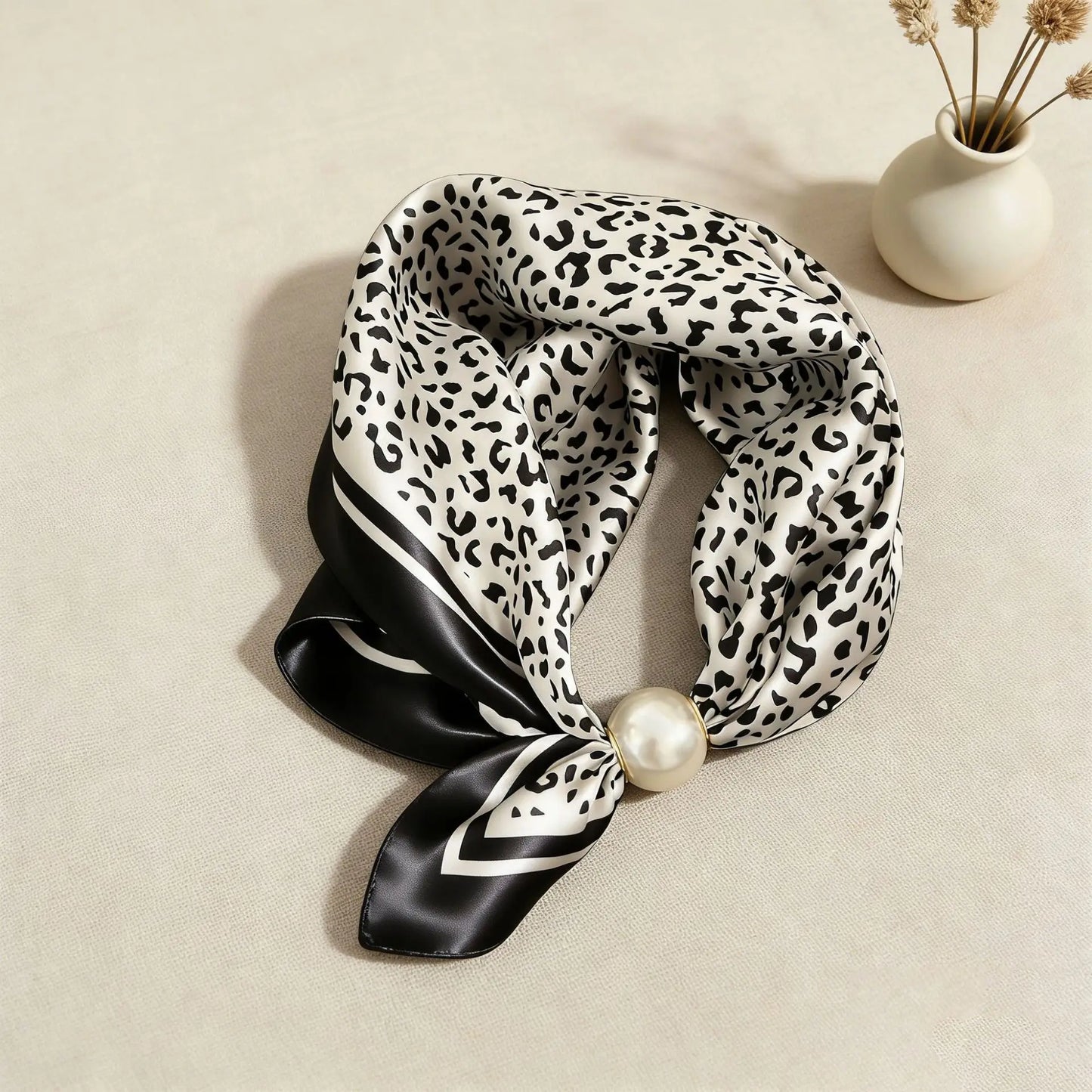 printed faux silk neck scarf, Women's magnetic neck scarf in a printed faux silk fabric with an elegant pearl closure, creating a stylish no-tie fashion accessory for everyday wear and gifting.