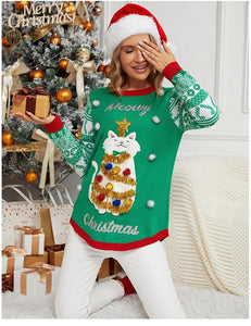 Autumn Winter Jacquard Pullover Christmas Christmas Sweater Cartoon Kitten Embroidered Red Sweater