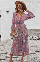 Load image into Gallery viewer, Floral Wrap Maxi Dress, Long Maxi dress, Maxi formal Dresses &amp; Gowns, ruffled maxi dress, cute winter brunch outfits, tiered ruffle dress, venus lace up ruffle maxi dress, blush tulle maxi dress, floral long beach dress, tie waist smock dress, holiday smock dress, boho split maxi dress, vestidos, boho holiday dress, vestidos, maxi long dress women sexy.