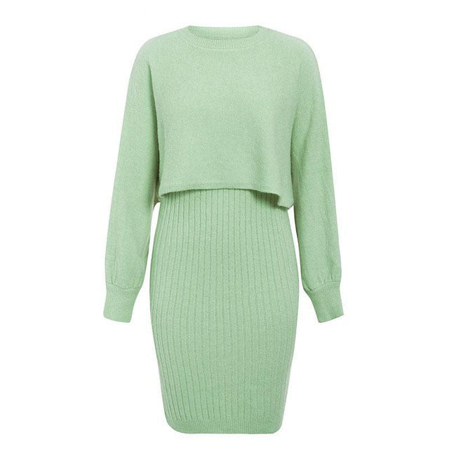 Knitted Sweater Dress, Two Piece Sweater Dress Set, Crop Pullover, Co-ord for women, Two-Piece Outfit Set, light green sweater dress, Two piece Sweater Dress, Knitted Co-ord Set,  bodycon sweater dress.