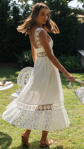 Spring Summer Women Clothing Long  Lace Stitching Big Swing Dress