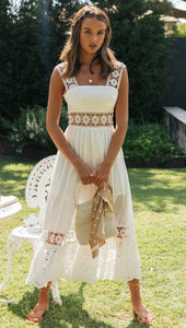 Spring Summer Women Clothing Long  Lace Stitching Big Swing Dress