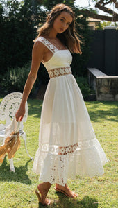 Spring Summer Women Clothing Long  Lace Stitching Big Swing Dress