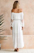 Load image into Gallery viewer, white lace off-the-shoulder-maxi dress, Off the Shoulder Maxi Dress, Lace Maxi Dress Boho, off shoulder long dress, Tiered Ruffle Maxi Dress, Long Maxi Dress, Bohemian Maxi Dress, lace off the shoulder maxi dress, tiered dress maxi, lace white dress, off shoulder dress with sleeves, white lace long sleeve dress, white lace maxi dress, white lace summer dress, long white bohemian lace dress.