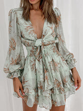 Load image into Gallery viewer, Plunging V neck dress, lace dress, floral lace dress, V neck lace dress, Floral ruffle dress, tiered ruffle dress, Short lace dress, Ruffle Dress, Floral dress, floral ruffle dress, lace dress, floral embossed dress, Lantern Sleeves Dress, Short Cocktail Dresses, cute summer dress, lace dress with sleeves, short floral embossed lace dress, green ruffle dress, lavender dress, plunging v neck dress for date night with lace, Plus size floral dress.