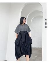 Load image into Gallery viewer, pleated dress , front tie midi dress, black midi dress, cool summer dress, oversized midi dress, womens summer cool dress, dress with big pockets.