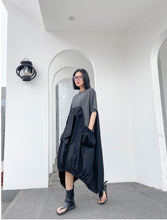 Load image into Gallery viewer, pleated dress , front tie midi dress, black midi dress, cool summer dress, oversized midi dress, womens summer cool dress, dress with big pockets.