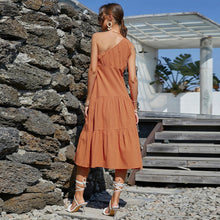 Load image into Gallery viewer, Women Temperament Commute Maxi Dress Solid Color Strap Type High Waist Oblique Shoulder Orange Dress