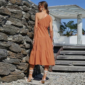 Women Temperament Commute Maxi Dress Solid Color Strap Type High Waist Oblique Shoulder Orange Dress