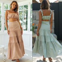 Load image into Gallery viewer, womens two piece set, Two Piece skirt set, Ruffle Crop top, Ruched crop top, suspender top, Two piece Maxi Dress, Coord Sets, Maxi Skirt outfit set, skirt coord set, 2 piece sets, Coord set dress, ladies cords, holiday two piece sets, brown co-ord set, skirt co ords sets, two piece lounge sets, summer co ord outfits, two piece co ord set skirt, swing skirt and crop top set.