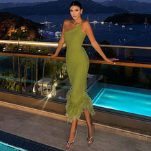 Load image into Gallery viewer, one shoulder bodycon dress, green bodcyon dress, bodycon maxi dress, one shoulder maxi dress, bodycon party dress, sexy cocktail party dress, asymmetrical dress, bodycon dress, christmas party wear, new year eve dresses, party outfit ideas.