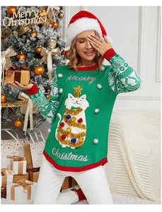 Autumn Winter Jacquard Pullover Christmas Christmas Sweater Cartoon Kitten Embroidered Red Sweater