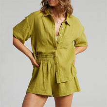 Load image into Gallery viewer, Two Piece Lounge Sets, matching set outfits, shirt and shorts coord, two piece sets women, summer on matching sets women, shorts co ord set womens, co ord set, pants and top co ord, shorts co ord set womens, lounge co ords sets, ladies co ord short sets, outfits two piece sets, hot booty shorts, summer season clothing, coord and sets, green co ord, green 2 piece sets women, ruffle shorts, ruched coord set.