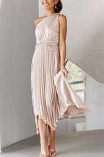 Load image into Gallery viewer, One shoulder Satin pleats dress, Asymmetrical Maxi dress, Pleated satin Dress, high low hem maxi dress, Christmas party wear, sparkly nye outfit, pleated ruffle maxi dress, Black satin pleated dress, Satin maxi dress, pleated ruffle maxi dress, satin slip dress, satin slip dress for wedding, onw shoulder satin slip dress, pleats dress, one shoulder satin dress for prom, asymmetrical dress for cocktail party, apricot cream satin pleats dress, holiday cocktail dresses, christmas cocktail dress.