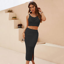Load image into Gallery viewer, crochet dress, Two Piece skirt set, Crochet two piece set, Crop top, Two piece Maxi Dress, Coord Sets, Maxi Skirt outfit set, skirt coord set, 2 piece sets, Coord set dress, ladies coords, Crop top and skirt set, Crochet maxi dress, crochet beach dress, black crochet dress.