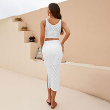 Load image into Gallery viewer, crochet dress, Two Piece skirt set, Crochet two piece set, Crop top, Two piece Maxi Dress, Coord Sets, Maxi Skirt outfit set, skirt coord set, 2 piece sets, Coord set dress, ladies coords, Crop top and skirt set, Crochet maxi dress, crochet beach dress, white crochet dress.