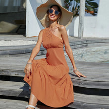 Load image into Gallery viewer, Women Temperament Commute Maxi Dress Solid Color Strap Type High Waist Oblique Shoulder Orange Dress