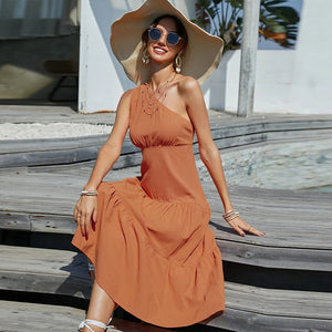 Women Temperament Commute Maxi Dress Solid Color Strap Type High Waist Oblique Shoulder Orange Dress