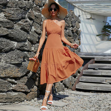 Load image into Gallery viewer, Women Temperament Commute Maxi Dress Solid Color Strap Type High Waist Oblique Shoulder Orange Dress