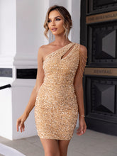 Load image into Gallery viewer, Short Sequin party dress, Gold sequin Bodyon dress, Sequin gown, one shoulder cutout bodycon sequin party dress, Gold sparkly dress, Glittery dress, One shoulder cutout sequin dress, Glitter dress, Sequin Bridesmaid Dresses, sequin dress for petite, Sequin Wedding Dress, prom dress, Cutout bodycon party dress, One shoulder bodycon party dress, Christmas party wear, sparkly nye outfit, Sequin Party dress, Short Gold party dress, gold sequin dress, Bodycon Sparkly dress for women.