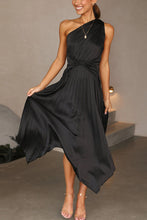 Load image into Gallery viewer, One shoulder Satin pleats dress, Asymmetrical Maxi dress, Pleated satin Dress, high low hem maxi dress, Christmas party wear, sparkly nye outfit, pleated ruffle maxi dress, Black satin pleated dress, Satin maxi dress, pleated ruffle maxi dress, satin slip dress, satin slip dress for wedding, onw shoulder satin slip dress, pleats dress, one shoulder satin dress for prom, asymmetrical dress for cocktail party, black satin pleats dress, satin dress under $100, pleats dress for wedding guest.