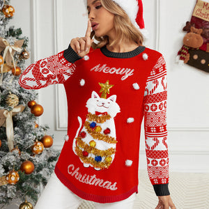 Autumn Winter Jacquard Pullover Christmas Christmas Sweater Cartoon Kitten Embroidered Red Sweater