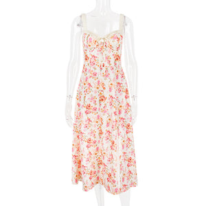 Summer Women Clothing Floral Slip Dress Sexy Backless Slit Mid Length Vacation Dress for Women