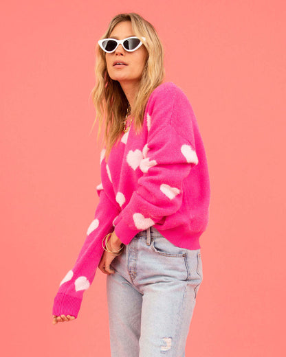 Womens Crew Neck Sweater, Sweater Top, Holiday Sweater,  Heart print Sweater, womens wool jumper, Women Pullover Sweater, Womens Ugly Christmas Sweater, Christmas jumper, Cute xmas outfits, Christmas sweatshirt.