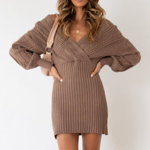Load image into Gallery viewer, Sweater Dress, Short sweater dress, Bodycon Sweater Dress, Mini Sweater Dress, Spring Sweater Dress, Cable Knit Bodycon Dress, cute new years eve outfits, plunging v neck dress, sweater tops for women, cable knit jumper womens, brown knitted jumper, holiday sweaters womens, light brown cable knit jumper, skin pink v neck jumper for women, womens jumper dress, off shoulder sweater dress.