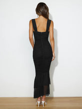 Load image into Gallery viewer, Ruffle Ruched Bodycon Maxi dress, Ruched Bodyon Dress, Ruched dress with mermaid hem, Bodycon Maxi Dress,  Ruched Cocktail Dress, Long ruffle Maxi Dress, Square neckline dress, ruched dress with back cutout, Tiered Ruffle Ruched Maxi Dress, Ruffle hem dress., Black Ruched Dress.