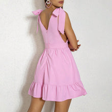 Load image into Gallery viewer, Womens Pink Ruffle Dress, Plunging V neck dress, Barbiecore ruffle dress, summer womens cute dress, Barbiecore Aestheti, Pink Sundress, Pleated ruffle dress, short lace dress, Barbiecore outfits, Barbiecore Pink Dress, Barbiecore Clothes, ruffle hem dress, summer pleated ruffle dress, pink ruffle dress, Barbie dresses for women.