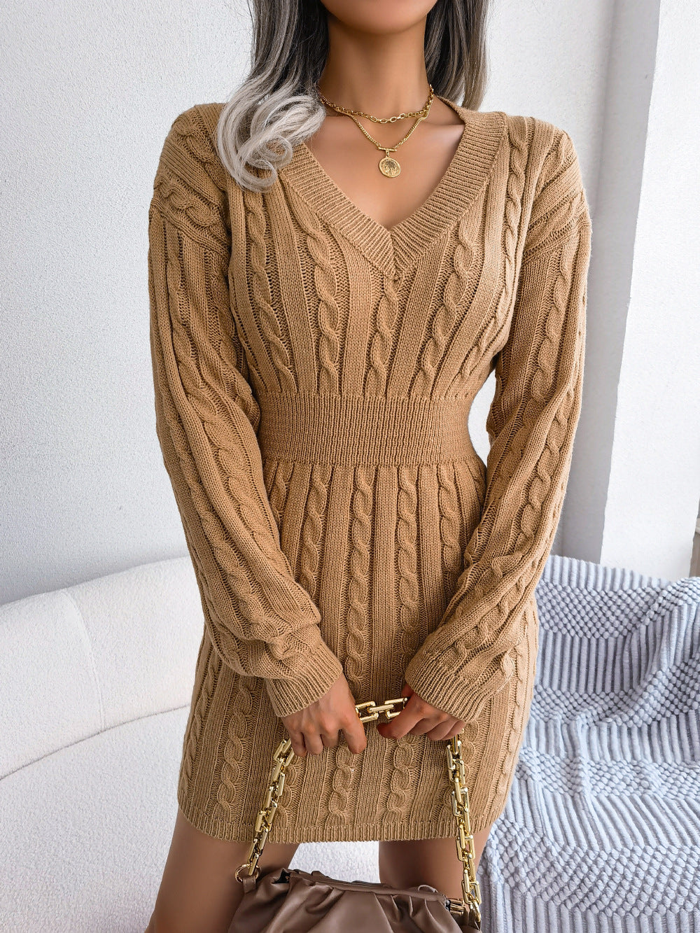 Twist Knit Long Sleeves Bodycon Mini Sweater Dress, Khaki / M Twist Knit Long Sleeves Bodycon Mini Sweater Dress, Khaki / M