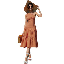 Load image into Gallery viewer, Women Temperament Commute Maxi Dress Solid Color Strap Type High Waist Oblique Shoulder Orange Dress