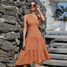 Load image into Gallery viewer, Women Temperament Commute Maxi Dress Solid Color Strap Type High Waist Oblique Shoulder Orange Dress