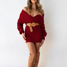 Load image into Gallery viewer, Sweater Dress, Short sweater dress, Bodycon Sweater Dress, Mini Sweater Dress, Spring Sweater Dress, Cable Knit Bodycon Dress, cute new years eve outfits, plunging v neck dress, sweater tops for women, cable knit jumper womens, burgundy knitted jumper, holiday sweaters womens, burgundy cable knit jumper, burgundy v neck jumper for women, womens jumper dress, off shoulder sweater dress.