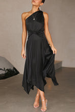 Load image into Gallery viewer, One shoulder Satin pleats dress, Asymmetrical Maxi dress, Pleated satin Dress, high low hem maxi dress, Christmas party wear, sparkly nye outfit, pleated ruffle maxi dress, Black satin pleated dress, Satin maxi dress, pleated ruffle maxi dress, satin slip dress, satin slip dress for wedding, onw shoulder satin slip dress, pleats dress, one shoulder satin dress for prom, asymmetrical dress for cocktail party, black satin pleats dress, pleated satin dress under $100, one shoulder satin dress for prom.