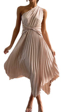 Load image into Gallery viewer, One shoulder Satin pleats dress, Asymmetrical Maxi dress, Pleated satin Dress, high low hem maxi dress, Christmas party wear, sparkly nye outfit, pleated ruffle maxi dress, Black satin pleated dress, Satin maxi dress, pleated ruffle maxi dress, satin slip dress, satin slip dress for wedding, onw shoulder satin slip dress, pleats dress, one shoulder satin dress for prom, asymmetrical dress for cocktail party, apricot cream satin pleats dress.